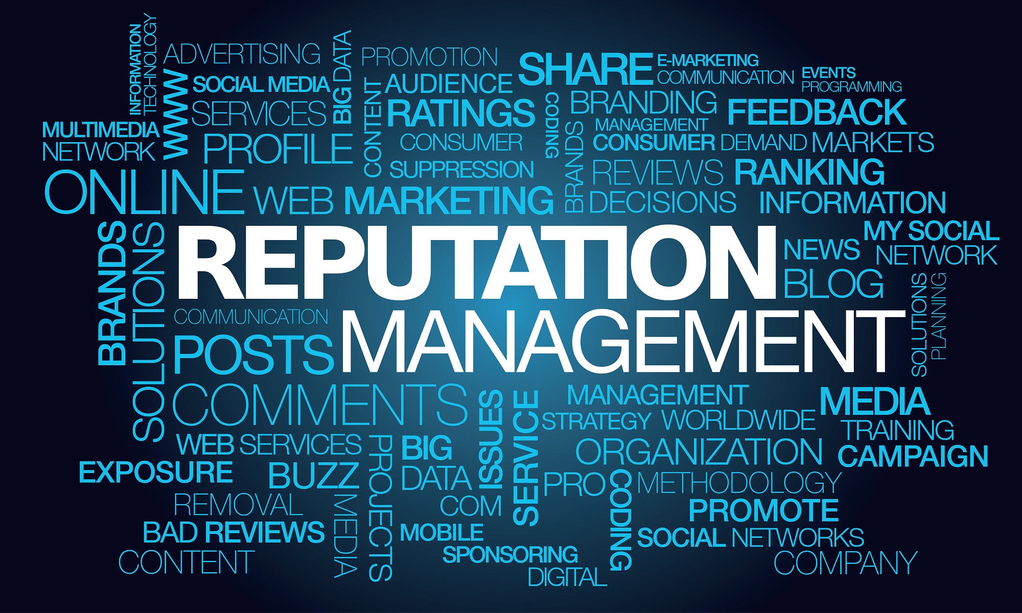 Reputation management web e-reputation fame words tag cloud blue text